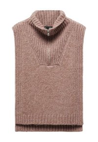 Maglione senza maniche color malva piegato, con collo alto a coste e cerniera frontale, caratterizzato da un motivo a maglia strutturata intorno al collo.