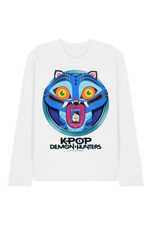 White long-sleeve shirt with a colorful blue tiger face, wide yellow eyes, open mouth showing a phone with "Save the date," and "K-POP DEMON HUNTERS" text.