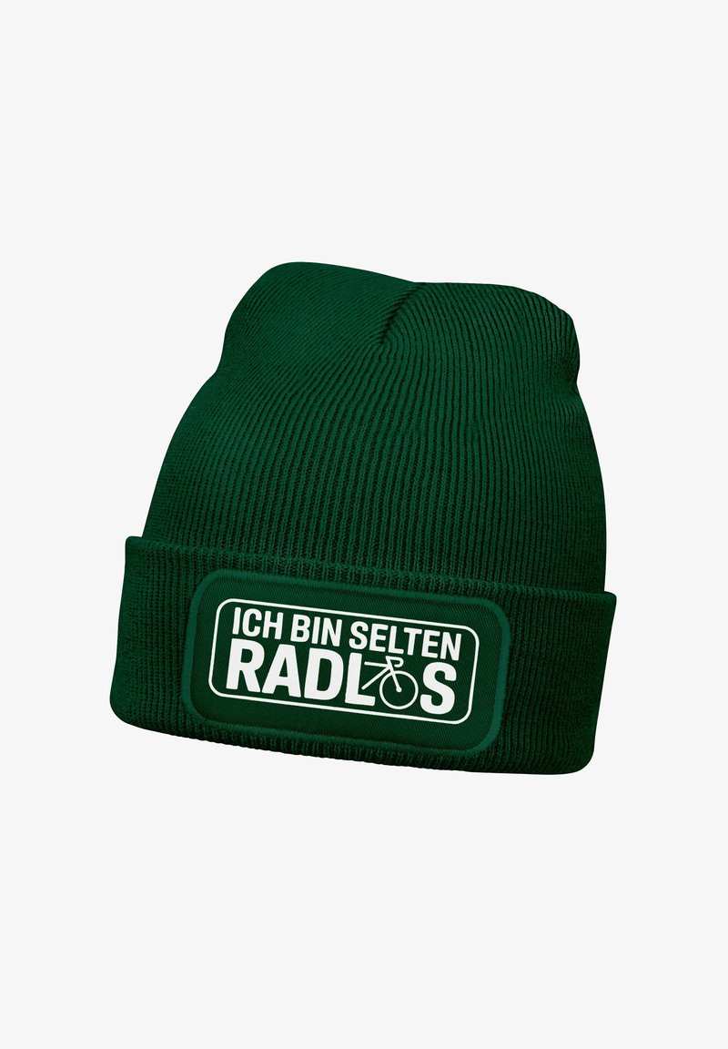 Green knit beanie with a folded cuff, featuring a rectangular patch with white text and a bicycle graphic.