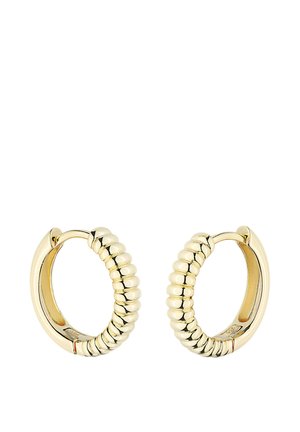 Pair of small gold hoop earrings with a ribbed, beaded texture on the front half and smooth finish on the back half.