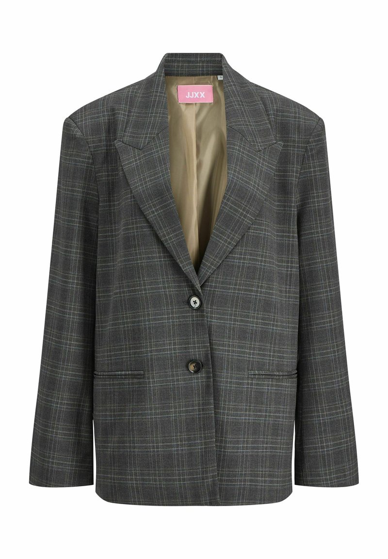 Temno siva karirana blazer jakna z odprtimi reži, dvema gumboma, sprednjima žepoma in bež podlogo.