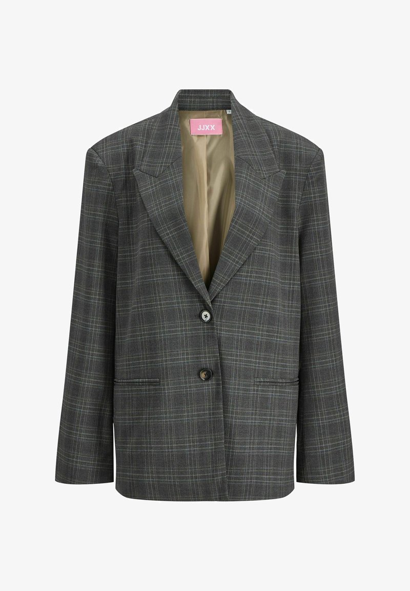 Temno siva karirana blazer jakna z odprtimi reži, dvema gumboma, sprednjima žepoma in bež podlogo.