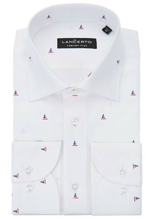 Biała koszula z małymi wzorami niebieskich łódek, z kołnierzykiem na guziki i zaokrąglonymi mankietami. Wykonana z gładkiego, oddychającego materiału.