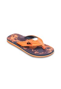 Orange og sort flip-flop med en struktureret sål, der har et marmorering design og stofremme. Fremtrædende logo på remmen.
