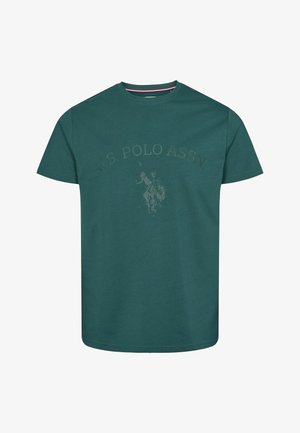 Tume teel puuvillane T-särk lühikeste varrukatega, ümar kaelus ja esiküljel heledamas toonis diskreetne U.S. Polo Assn. logo.