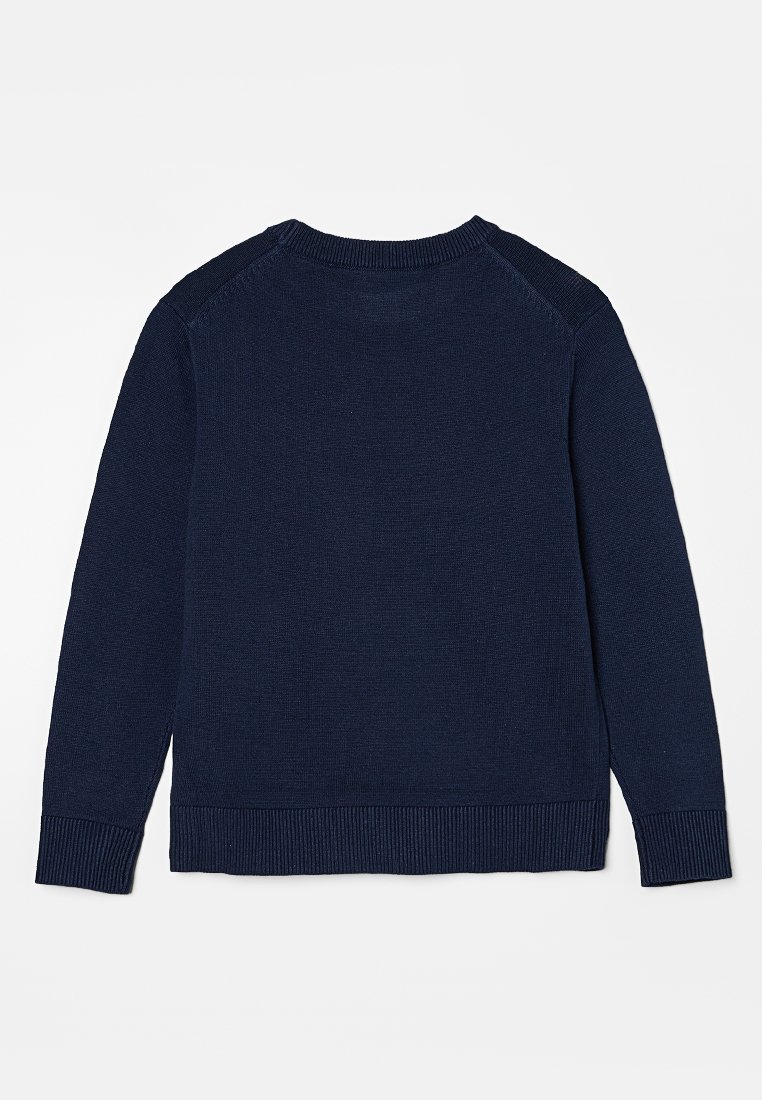 Maglione lavorato a maglia blu navy con scollo rotondo, polsini e orlo a coste. Presenta una texture liscia e maniche raglan. Visibile la vista posteriore.