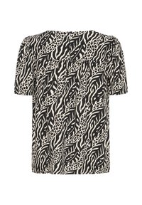 Czarno-biała bluzka z krótkim rękawem z mieszanym wzorem zwierząt, w tym zebrą i lampartem, z zapięciem na guziki z tyłu i lekko bufcowatymi rękawami.