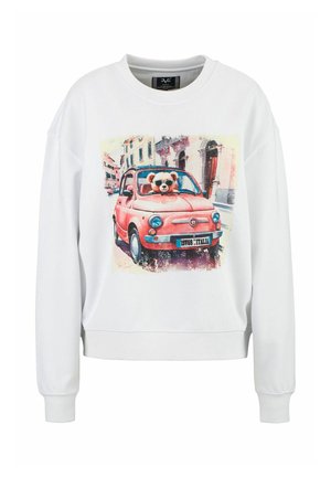 Weißer Kapuzenpullover mit einem bunten Druckmotiv eines Teddybären in einem rosa Auto, weich im Griff und mit lässiger Passform.