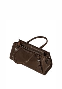 Borsa a mano in pelle marrone con design strutturato, dotata di due manici, cerniera superiore e dettagli in metallo. Superficie texture.