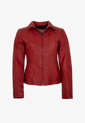Rote eng anliegende Lederjacke mit Frontreißverschluss, Stehkragen, langen Ärmeln und seitlichen Reißverschlusstaschen.