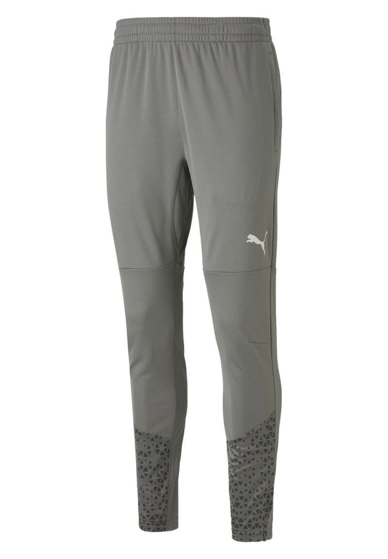 Graue Sporthose aus strukturiertem Stoff, mit elastischem Bund und gemustertem unteren Abschnitt, der dreieckige Designs aufweist. Weißes Logo sichtbar.