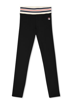 Zwarte geribbelde leggings met een witte tailleband met rode en blauwe strepen en een klein Fila-logo op de bovenste linker dij.