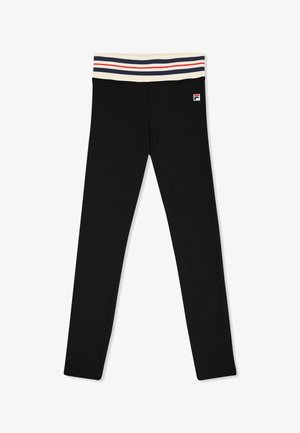 Czarne prążkowane legginsy z białym paskiem w pasie, ozdobionym czerwonymi i niebieskimi paskami oraz małym logo Fila na górnej lewej udzie.
