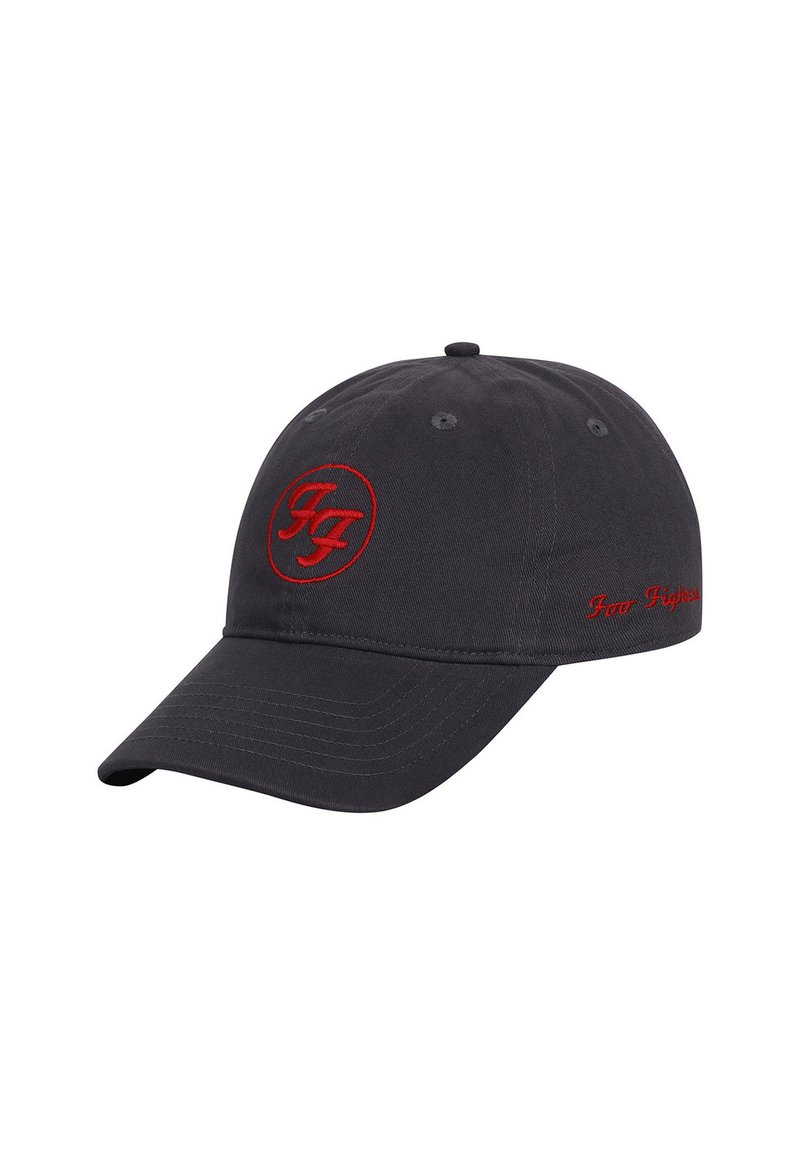 Black baseball cap with a curved brim. Features a red embroidered logo in a circular design and red text on the side. Made of cotton.