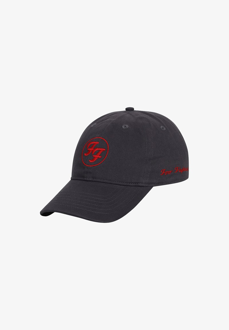 Black baseball cap with a curved brim. Features a red embroidered logo in a circular design and red text on the side. Made of cotton.