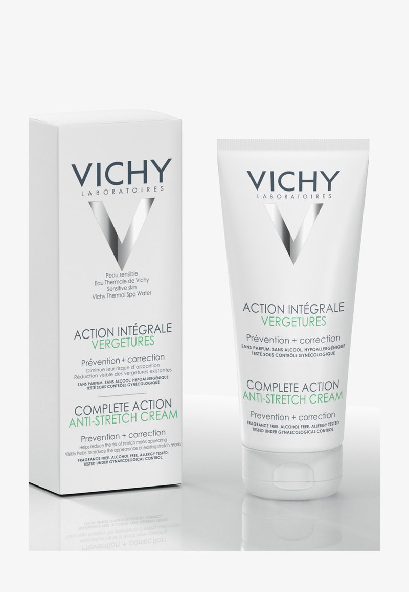 Vichy Anti-Stretch Cream in einer weißen Tube und Box; mit grünem Text und silbernen Akzenten; hypoallergen, alkoholfrei.