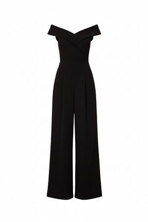 Sort off-shoulder jumpsuit med vide ben og en tætsiddende krop med et krydsdetalje i halsudskæringen.