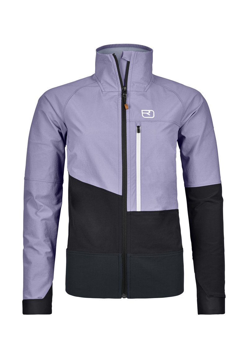 Light purple and black jacket with a high collar, front zipper, side pockets, and contrasting panel design. Features fabric texture and logo.