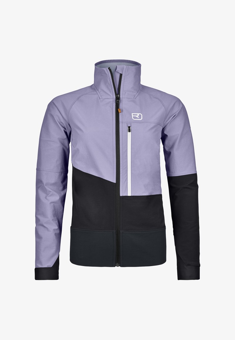 Light purple and black jacket with a high collar, front zipper, side pockets, and contrasting panel design. Features fabric texture and logo.