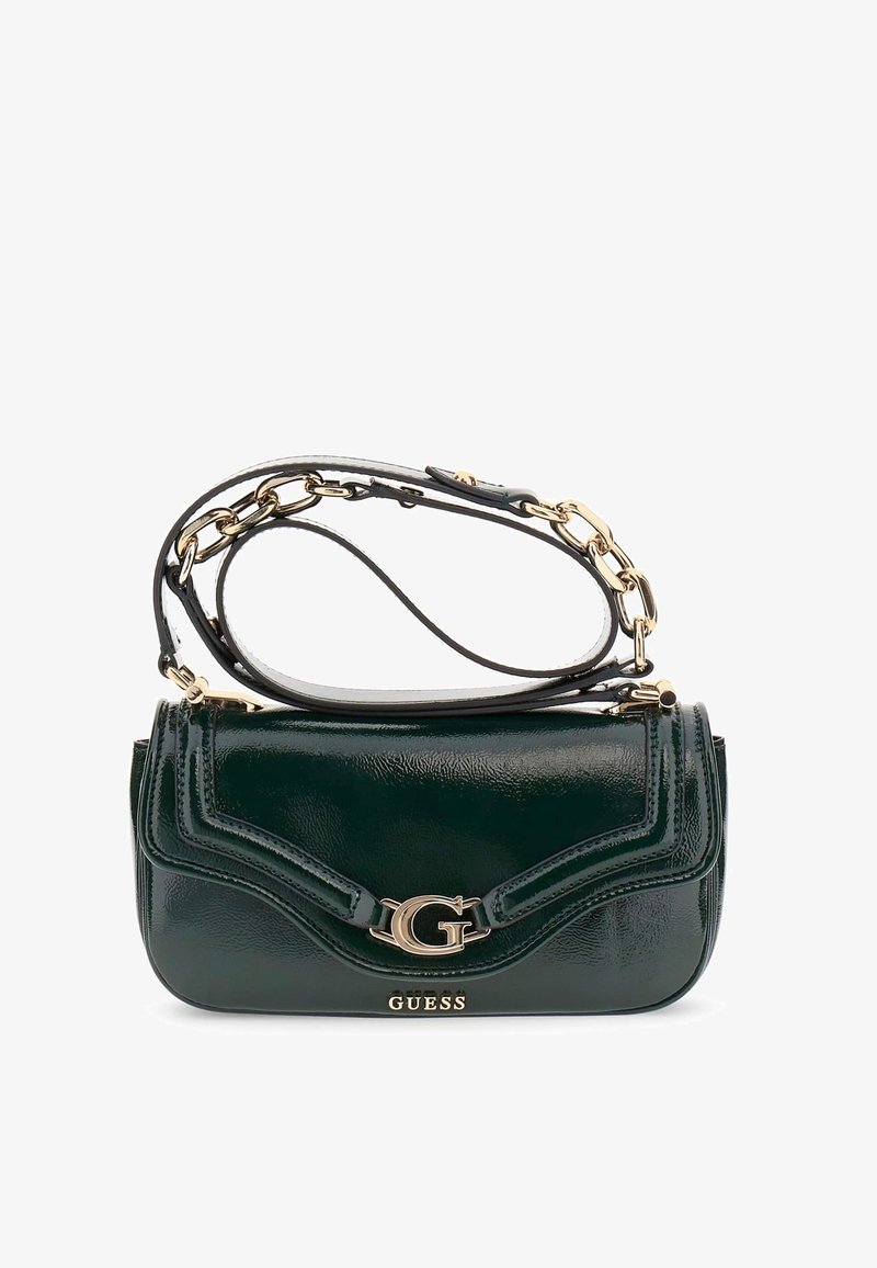 Green patent leather crossbody bag with a gold-tone chain strap, curved accents, and embossed "G" logo on the front.