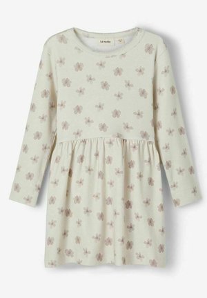 Kremfarvet langærmet kjole med små lysebrune blomsterprint og rynket talje, designet til småbørn eller unge børn.