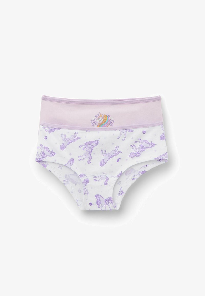 Mutande di cotone lilla e bianche con motivi di unicorni e stelle, caratterizzate da un morbido elastico lilla e una grafica di unicorno sul davanti.