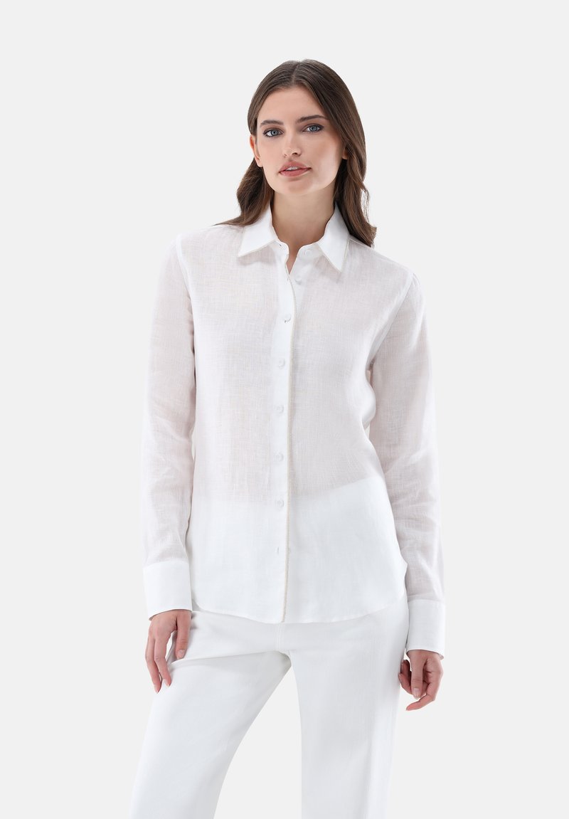Camicia bianca in lino con colletto classico, maniche lunghe e una texture sottile. Abbinata a pantaloni bianchi per un look coordinato.