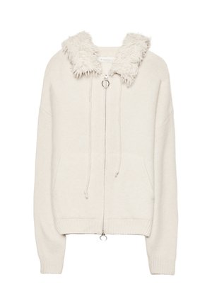 Krémová zipsová mikina s huňatým golierom, vybavená dvoma prednými vreckami, šnúrkou a rebrovanými manžetami a spodným lemom.