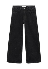 Černé široké džíny z denimu, s texturovaným povrchem a malými kovovými hroty rozesetými po celém povrchu. Klasický pětikapsový design.