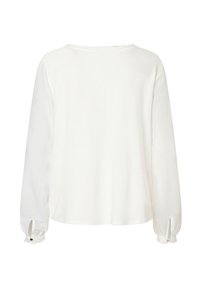 Biała bluzka z długimi rękawami, posiadająca okrągły dekolt, marszczone mankiety rękawów oraz rozcięcia po bokach u dołu. Gładki, lekki materiał.