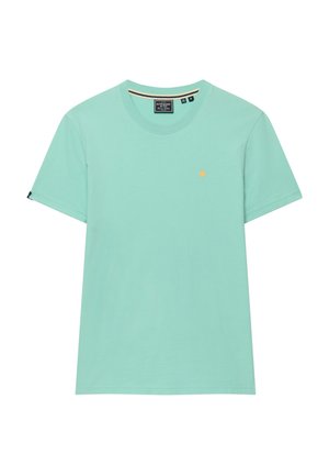 T-shirt da uomo verde menta a maniche corte con scollo a girocollo, piccolo logo giallo sul petto sinistro e etichetta nera sulla manica sinistra.