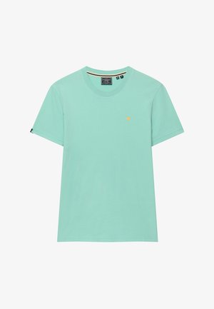 Heren mintgroene T-shirt met korte mouwen en ronde hals, met een klein geel logo op de linkerborst en een zwart label op de linkermouw.