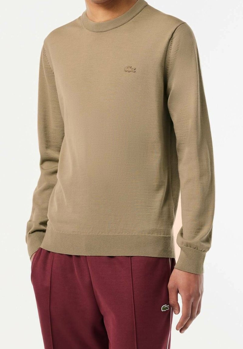 Beżowy sweter z długim rękawem i okrągłym dekoltem z prążkowanym wykończeniem na szyi i mankietach, z małym wytłoczonym logo na piersi. Miękka faktura materiału.