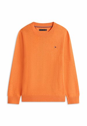Jersey naranja de manga larga con cuello redondo, puños y dobladillo acanalados, con un pequeño logo de Tommy Hilfiger en el pecho izquierdo.