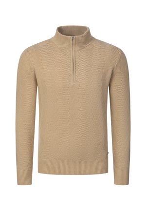 Pull beige en maille avec col zippé au quart, manches longues, poignets côtelés et motif chevron texturé.