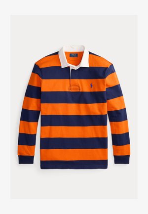 Μακρυμάνικο πόλο μπλουζάκι με εναλλασσόμενες πορτοκαλί και ναυτικές ρίγες, λευκό γιακά, κεντημένο λογότυπο στο στήθος και βαμβακερό ύφασμα.