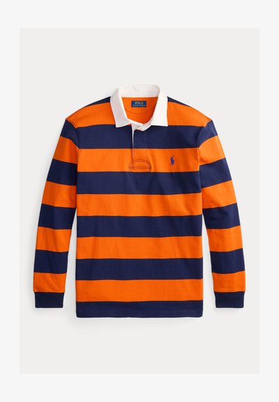 Langärmliges Polohemd mit abwechselnden orangefarbenen und marineblauen Streifen, weißem Kragen, gesticktem Logo auf der Brust und Baumwollstoff.