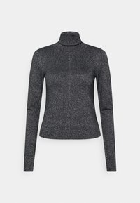 Schwarzes Rollkragenoberteil aus strukturiertem Strickstoff, mit langen Ärmeln und figurbetonter Silhouette. Subtile schimmernde Details überall.