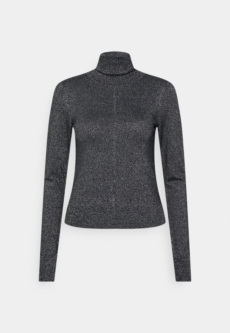 Schwarzes Rollkragenoberteil aus strukturiertem Strickstoff, mit langen Ärmeln und figurbetonter Silhouette. Subtile schimmernde Details überall.