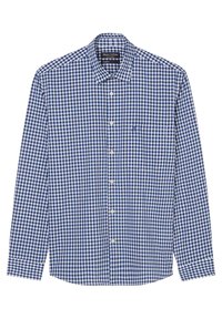 Camisa de manga larga a cuadros en azul y blanco, con cuello, bolsillo en el pecho y etiqueta visible de Marc O'Polo en el interior del cuello.