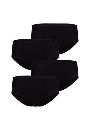 Vier schwarze Damen-Slips mit hoher Taille, in zwei Reihen auf weißem Hintergrund angeordnet, mit Vorder- und Seitenansicht.