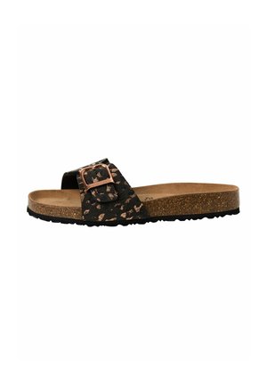 Svart slide-sandal med prickig design, justerbart metallspänne, korkfotbädd och texturerad gummiyttersula för bra grepp.