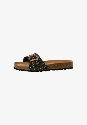 Black slide sandal featuring a spotted design, adjustable metal buckle, cork footbed, and textured rubber outsole for grip.