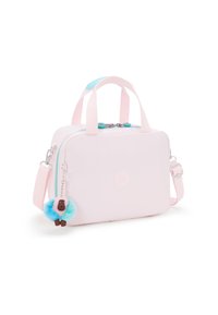 Borsa in tessuto rosa a forma rettangolare, con manici superiori, tracolla staccabile, chiusura con zip e un charm fluffy blu e rosa.