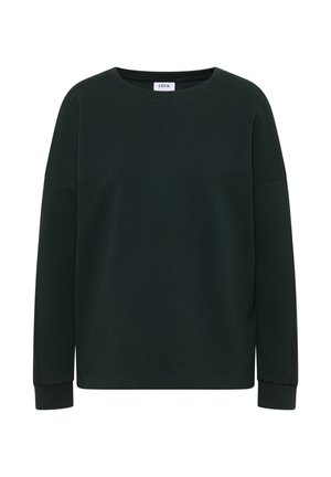 Mörkgrön sweatshirt med långa ärmar, rund hals och avslappnad passform. Tillverkad av mjukt, texturerat material. CECIL-logotyp på halsringningen.