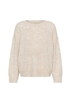 Crème brei trui met een relaxed pasvorm, ronde halslijn en verlaagde schouders. Zachte textuur met subtiele kleurvariaties.