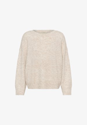 Crème brei trui met een relaxed pasvorm, ronde halslijn en verlaagde schouders. Zachte textuur met subtiele kleurvariaties.