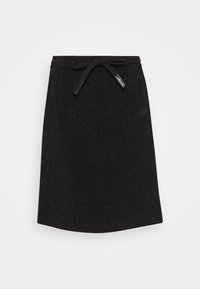 Falda negra con un brillo metálico, que cuenta con una cintura con cordón y una silueta recta. Elaborada con una tela suave de textura lisa.