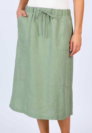 Helles grünes Leinenrock mit einem elastischen Taillenbund und einer Kordel, seitlichen Taschen und einem geraden Schnitt.