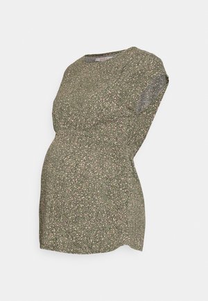 Maternity top in green with a floral pattern in pink and darker green. Features a round neckline and a relaxed fit for comfort.